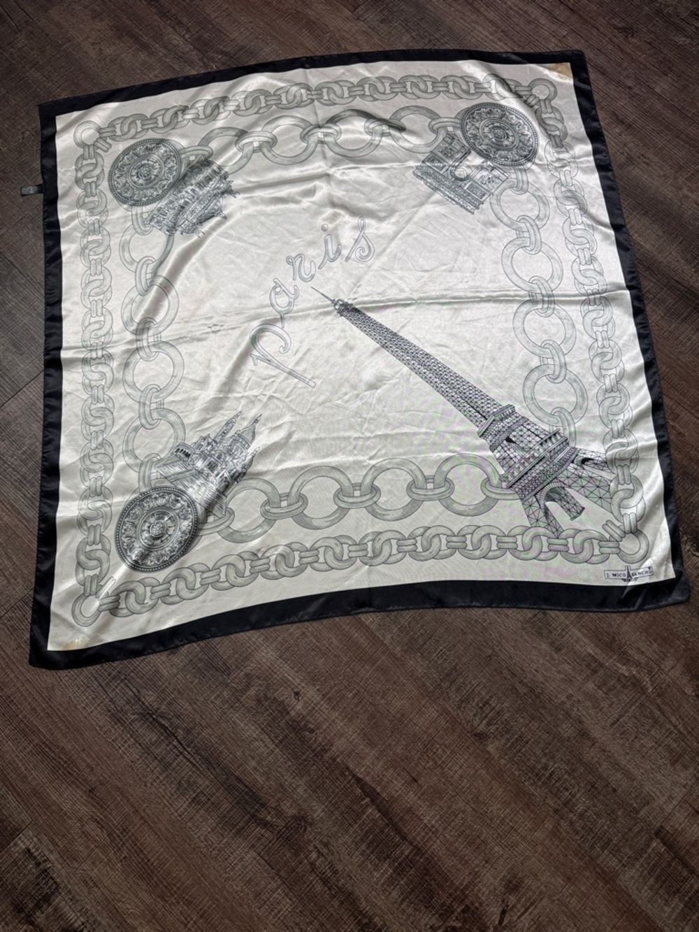 Paris Motif Silk-Style Square Scarf in Cream and Black